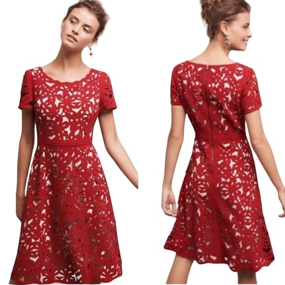 Moulinette Soeurs Red Laser Cut Floral Midi Dress - Size 4 - Picture 12 of 15